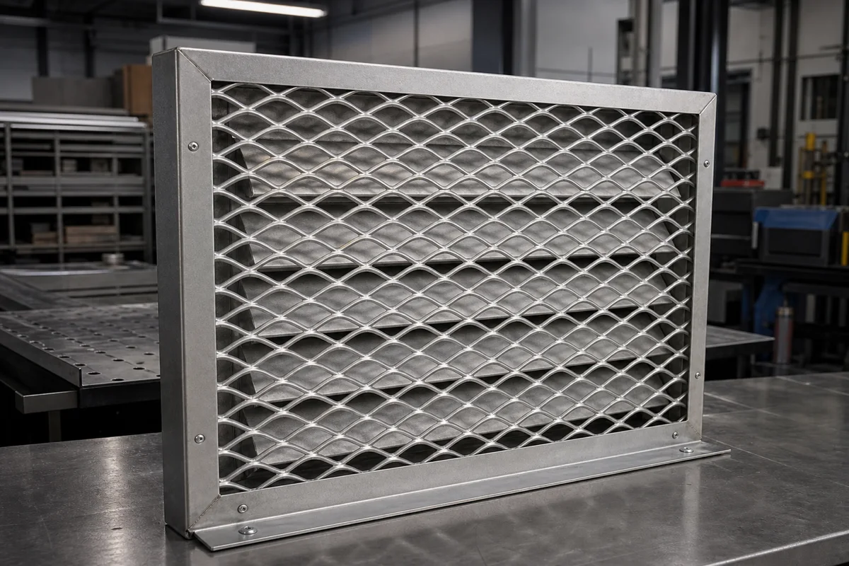 Expanded metal mesh panel fitted into a framed ventilation and protective screen