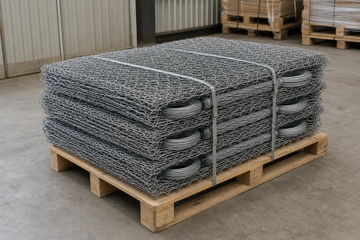 Flat-packed galvanized double-twisted gabion mesh basket components bundled on a timber pallet