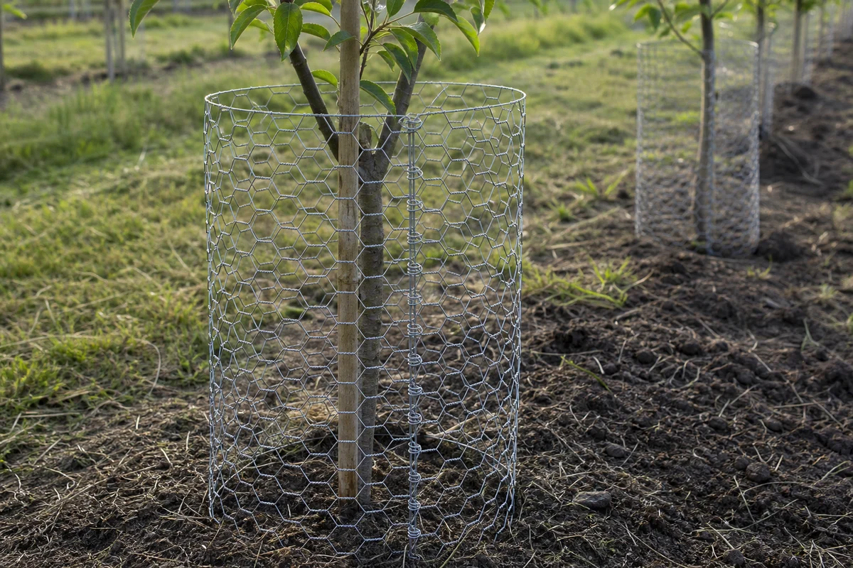 Galvanized hexagonal wire mesh formed into a guard around a young orchard tree