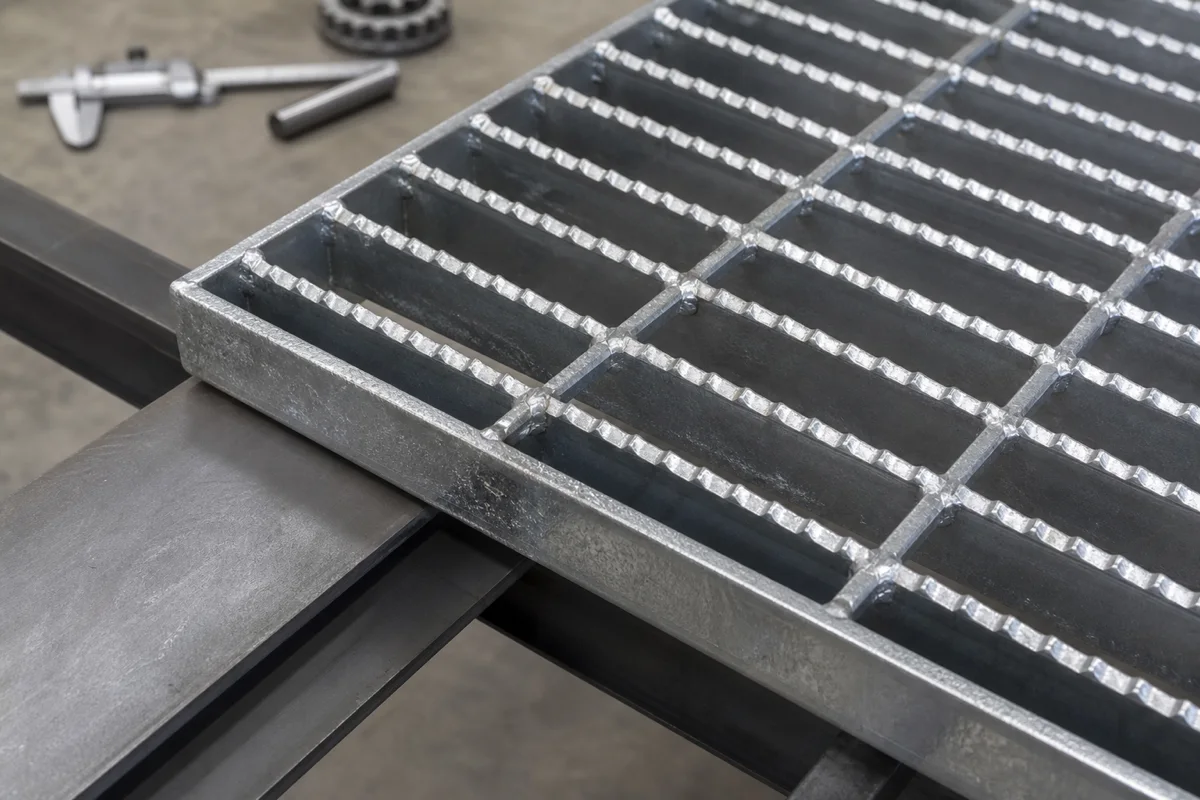 Galvanized steel grating inspection showing bearing bars, cross bars, serrated edge, and support frame