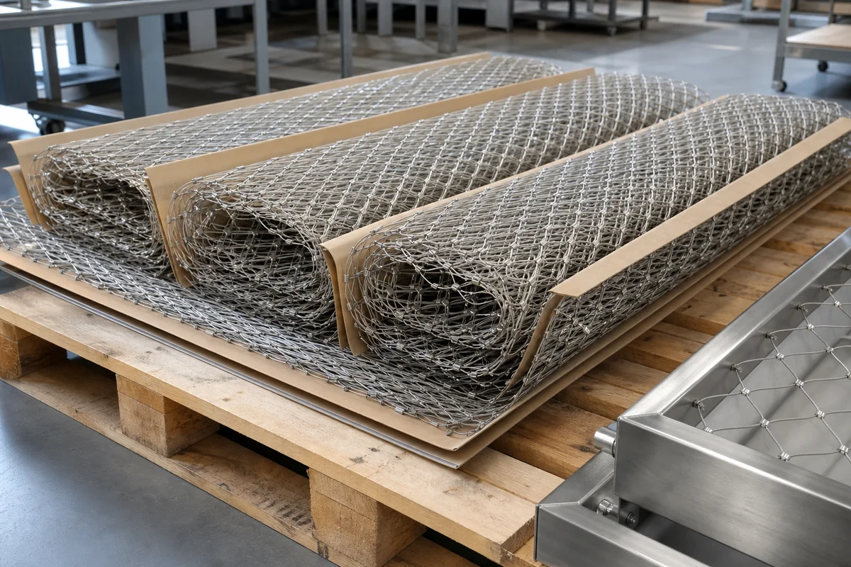 Stainless steel rope mesh panels protected with cardboard separators and prepared on a wooden pallet