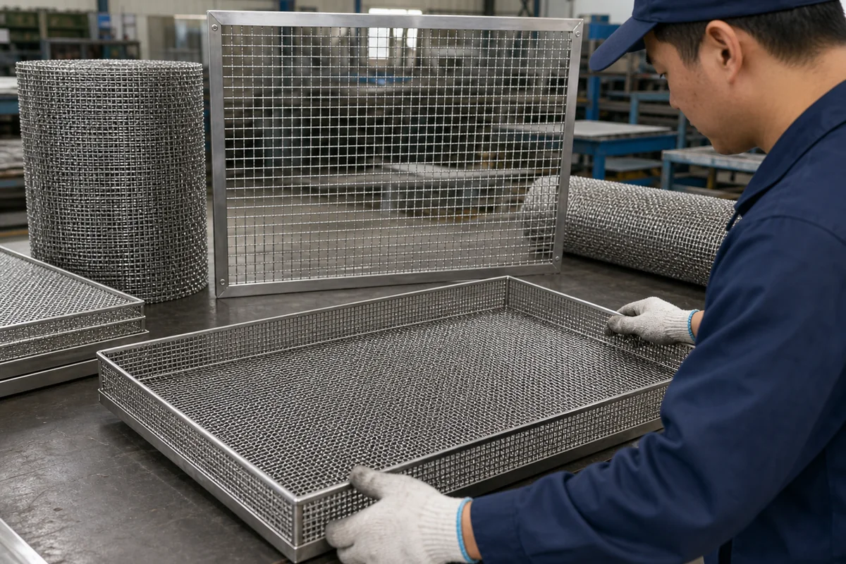 Stainless steel mesh tray and protective guard inspection in a factory