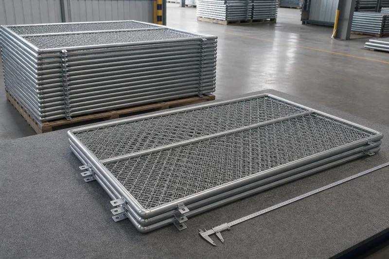 Galvanized chain link gate panels arranged for dimensional inspection