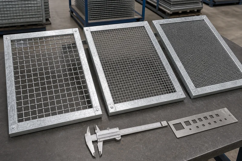 Framed crimped woven screen panels checked for aperture and wire diameter