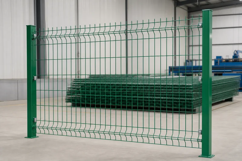 Green powder coated 3D welded fence panel at a final inspection station