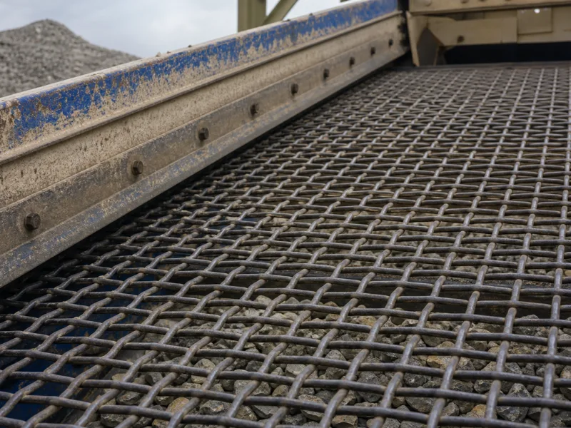 Manganese steel screen mesh fitted to an aggregate screening deck