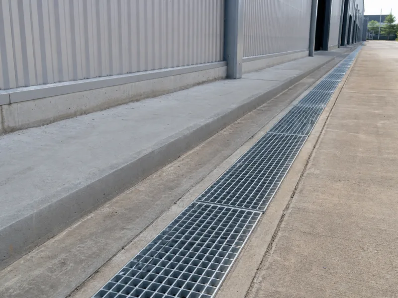 Galvanized steel grating covering an industrial trench drain