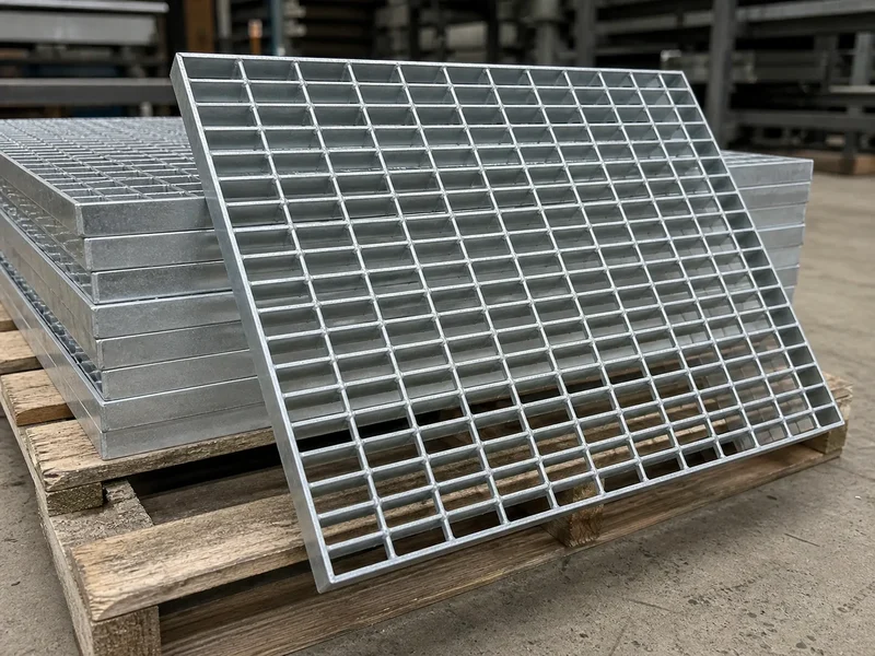 Hot-dip galvanized steel bar grating panels prepared for inspection in a fabrication warehouse