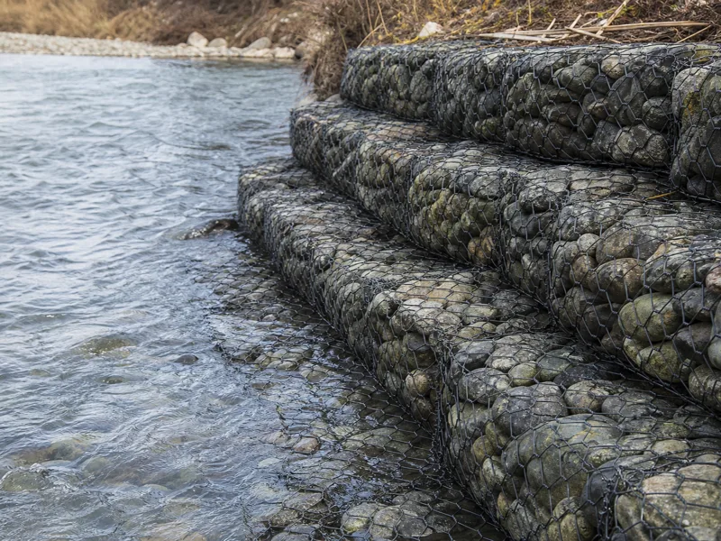 PVC coated gabion baskets used for riverbank protection