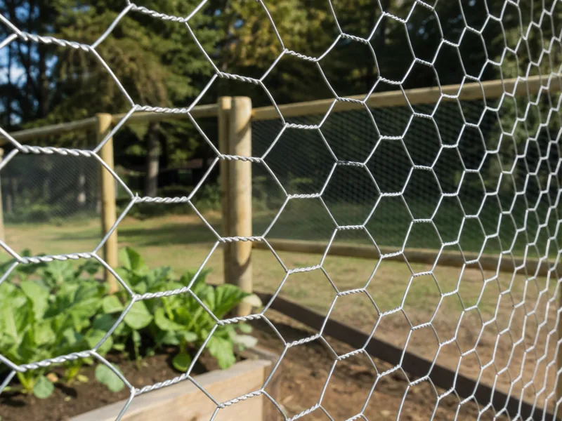 Galvanized hexagonal wire mesh on a garden enclosure