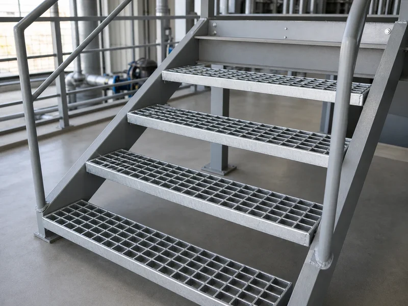 Galvanized steel grating stair treads installed on an industrial maintenance stair