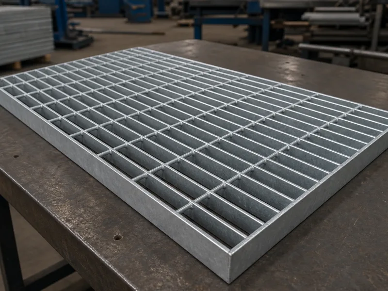 Galvanized steel bar grating panel on an inspection table