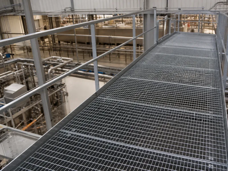 Galvanized steel bar grating installed on an industrial walkway