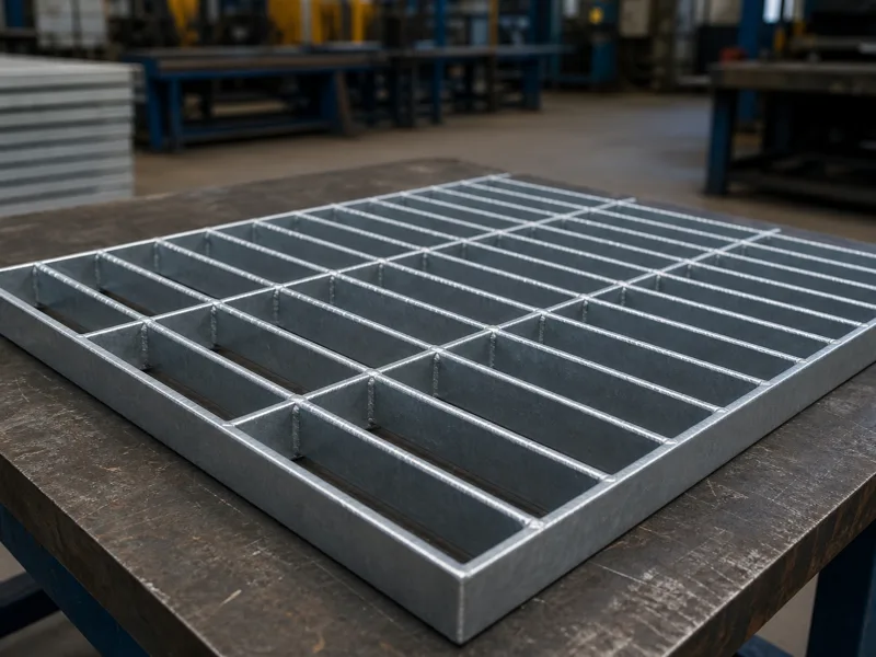 Welded galvanized steel grating floor panel in a workshop