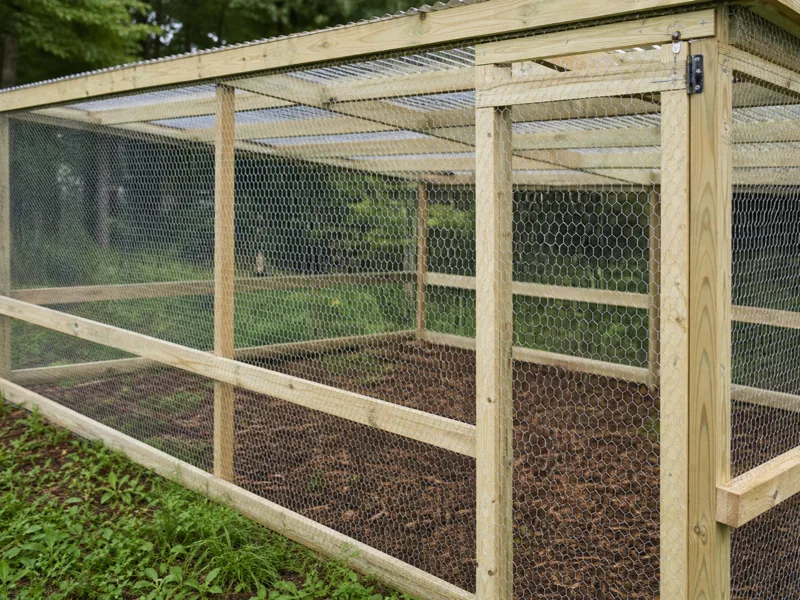Hexagonal chicken wire mesh on a farm enclosure
