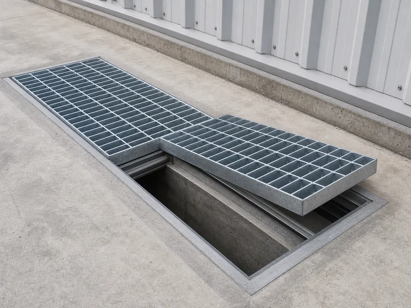 Hot-dip galvanized grating cover panels positioned over an industrial trench drain frame