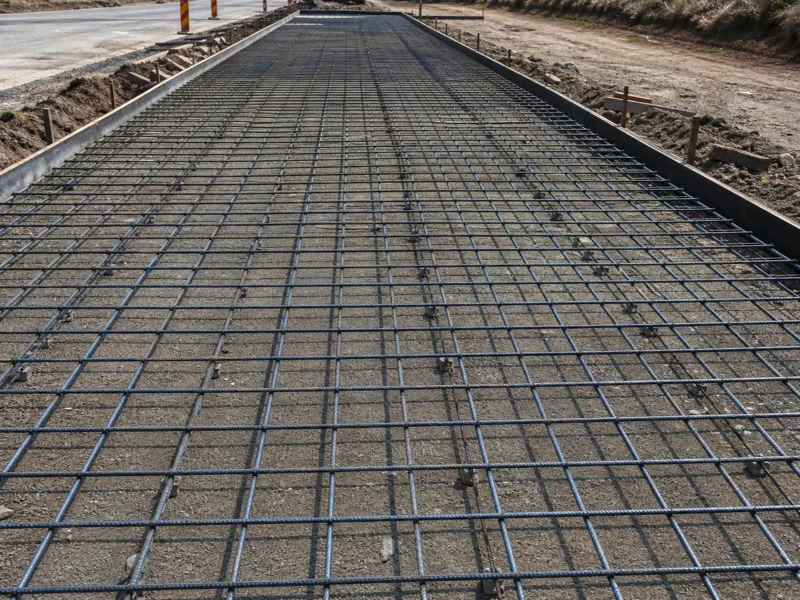 Reinforcement mesh placed for a concrete road slab