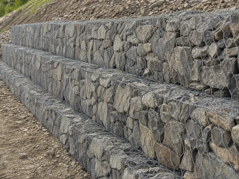 Galvanized gabion baskets used for a retaining wall